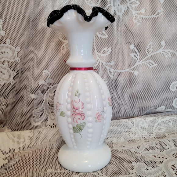 Vintage Signed Fenton Vase Hand Painted Beaded Milk Glass - Picture 6 of 12